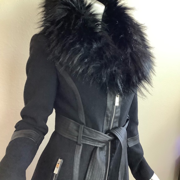 Guess Black Faux Fur Trimmed Wool Coat - Picture 5 of 16